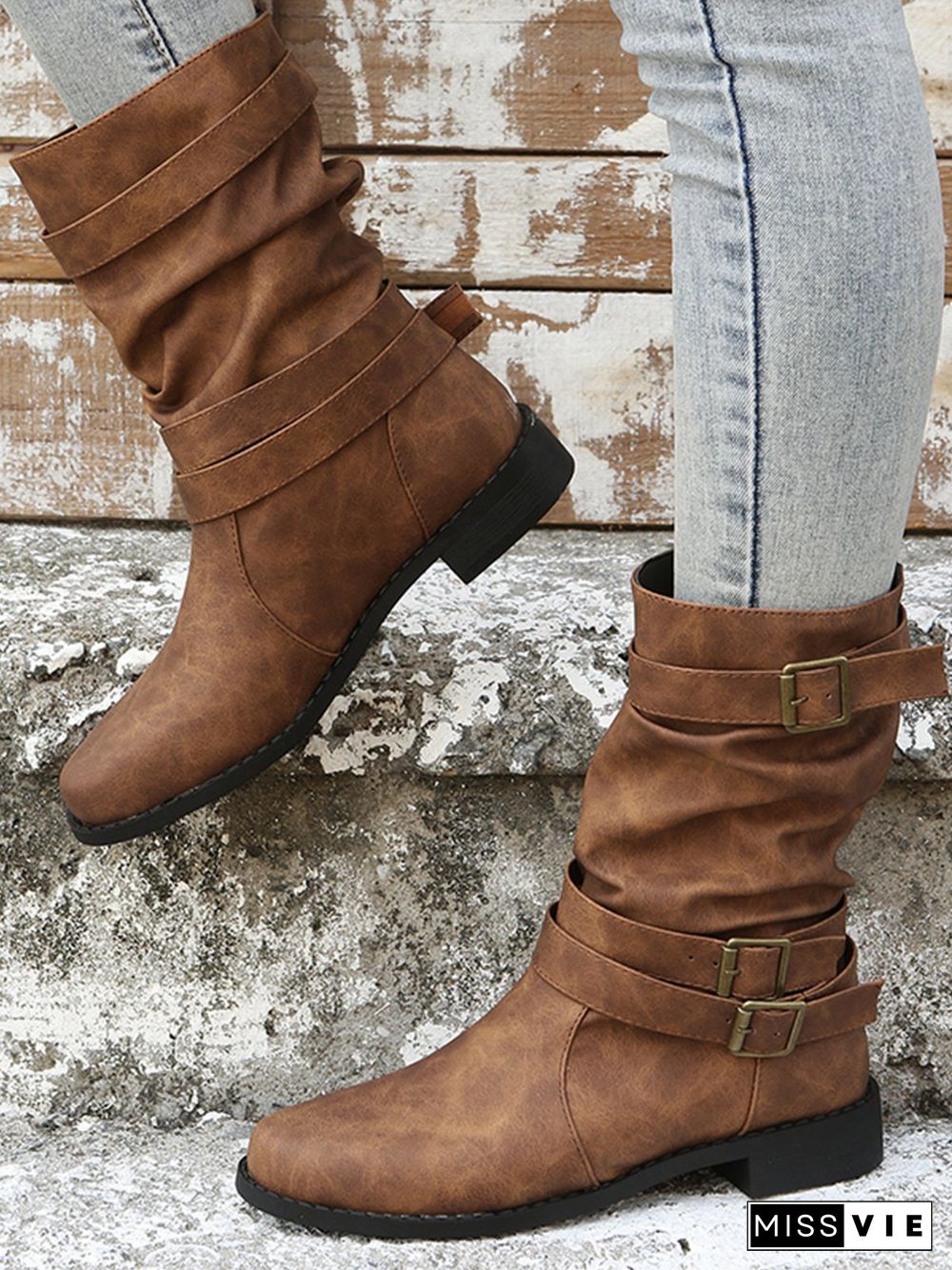 Ruched Buckle Casual Leather Booties