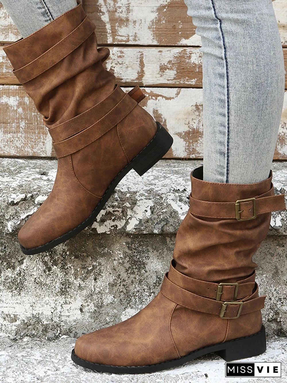 Ruched Buckle Casual Leather Booties