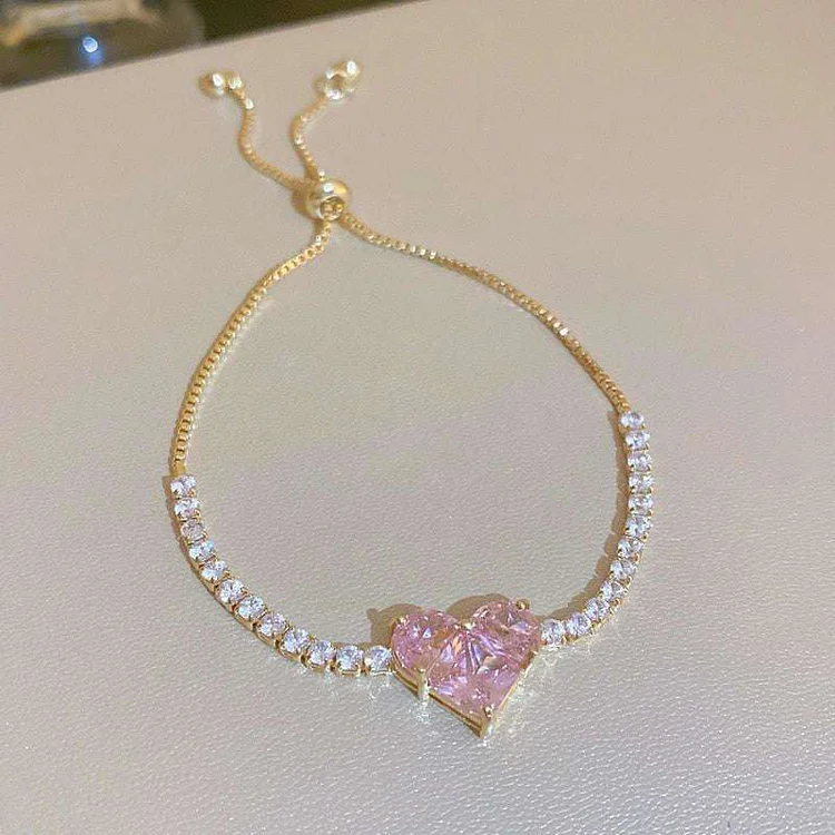 Full of Rhinestones Adjustable 18K Gold Plated Love Heart Bracelet 2022 New Trendy Pink Zircon Bracelet Jewelry Gifts