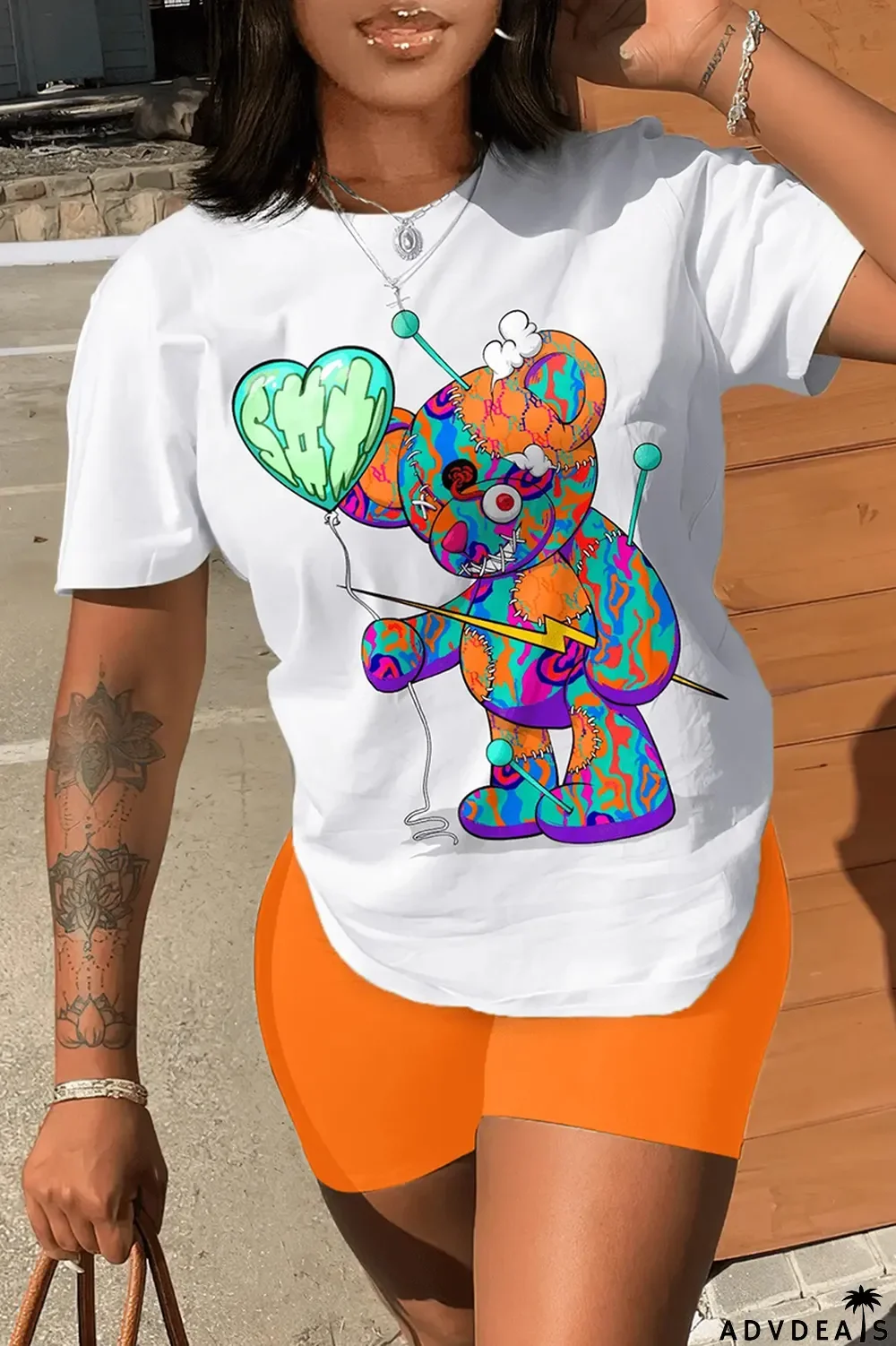 White Orange Casual Print Patchwork O Neck Short Sleeve Two Pieces