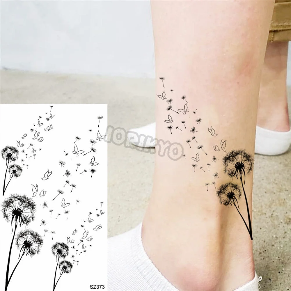 Black Pencil Sketch Henna Lotus Temporary Tattoos For Women Girls Realistic Planet Dandelion Fake Tattoo Sticker Back Arm Tatoos
