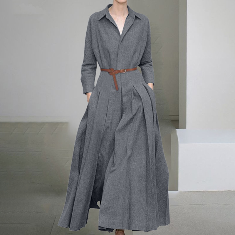 Vintage Shirt Collar V Neck Long Sleeve Maxi Dress wearshes