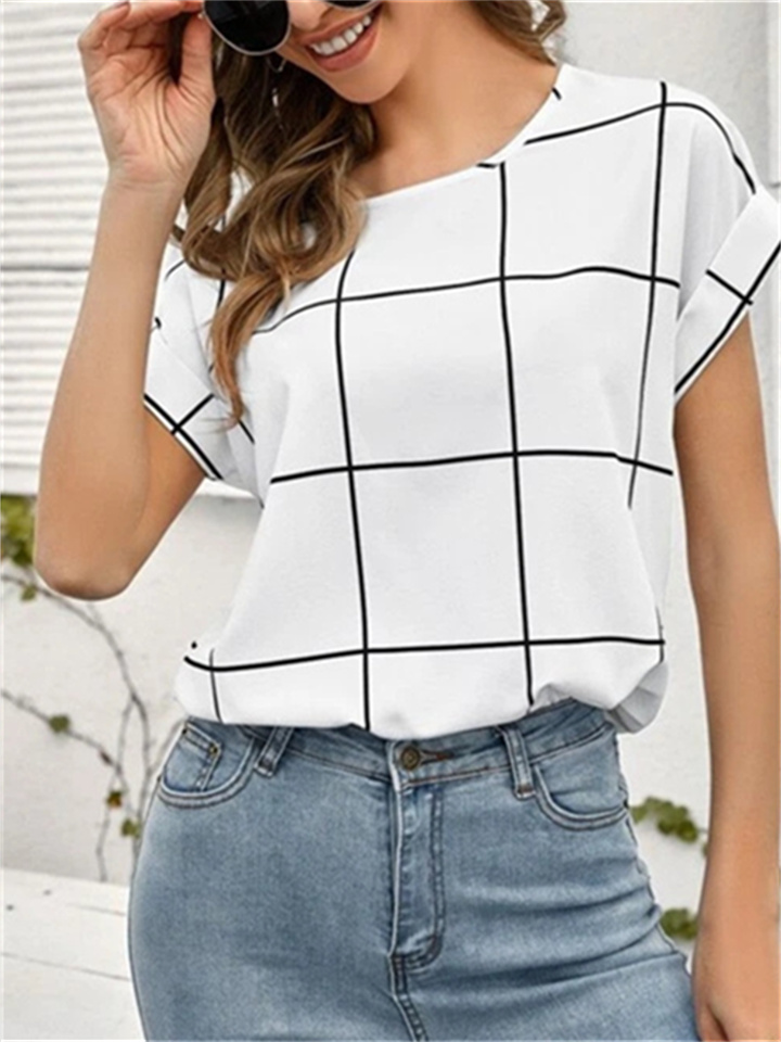 Spring and Summer New Women's Round Neck Plaid Print Off-the-shoulder Package Sleeve Short-sleeved Shirt Blouse Female