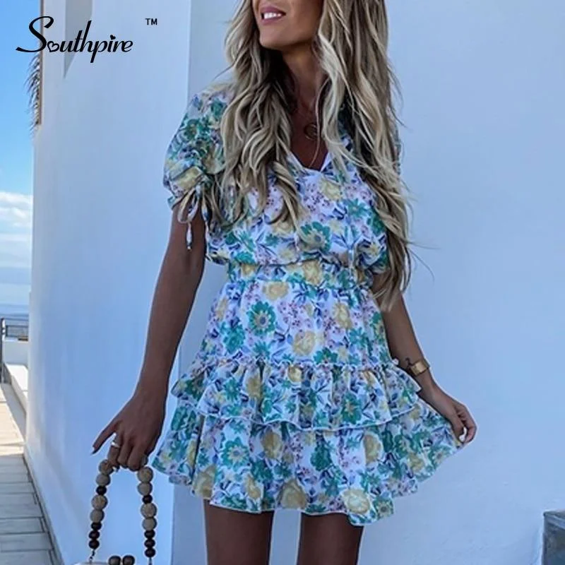 Back To College Southpire Boho Floral Print Summer Dress 2023Women Elegant Short Sleeve Ruffle Beach Sunderss  V Neck A Line Party Clothing