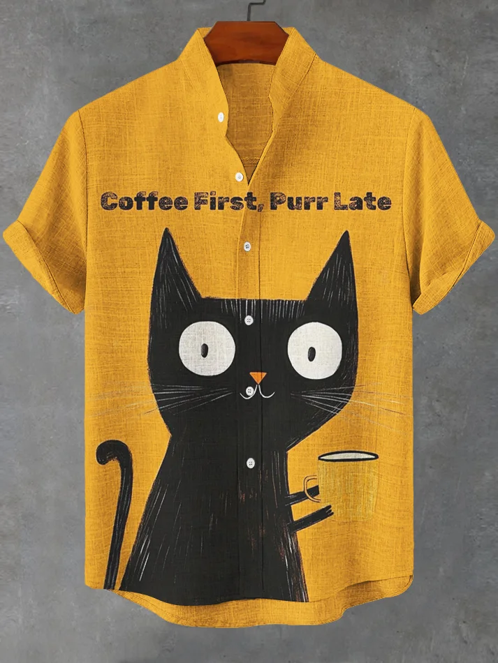 Men's Coffee First People Late Black Cat Print Shirt