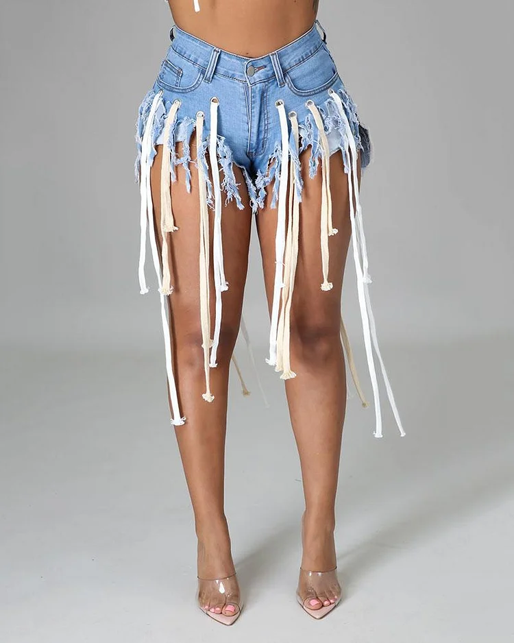 Lace Up Denim Solid Shorts