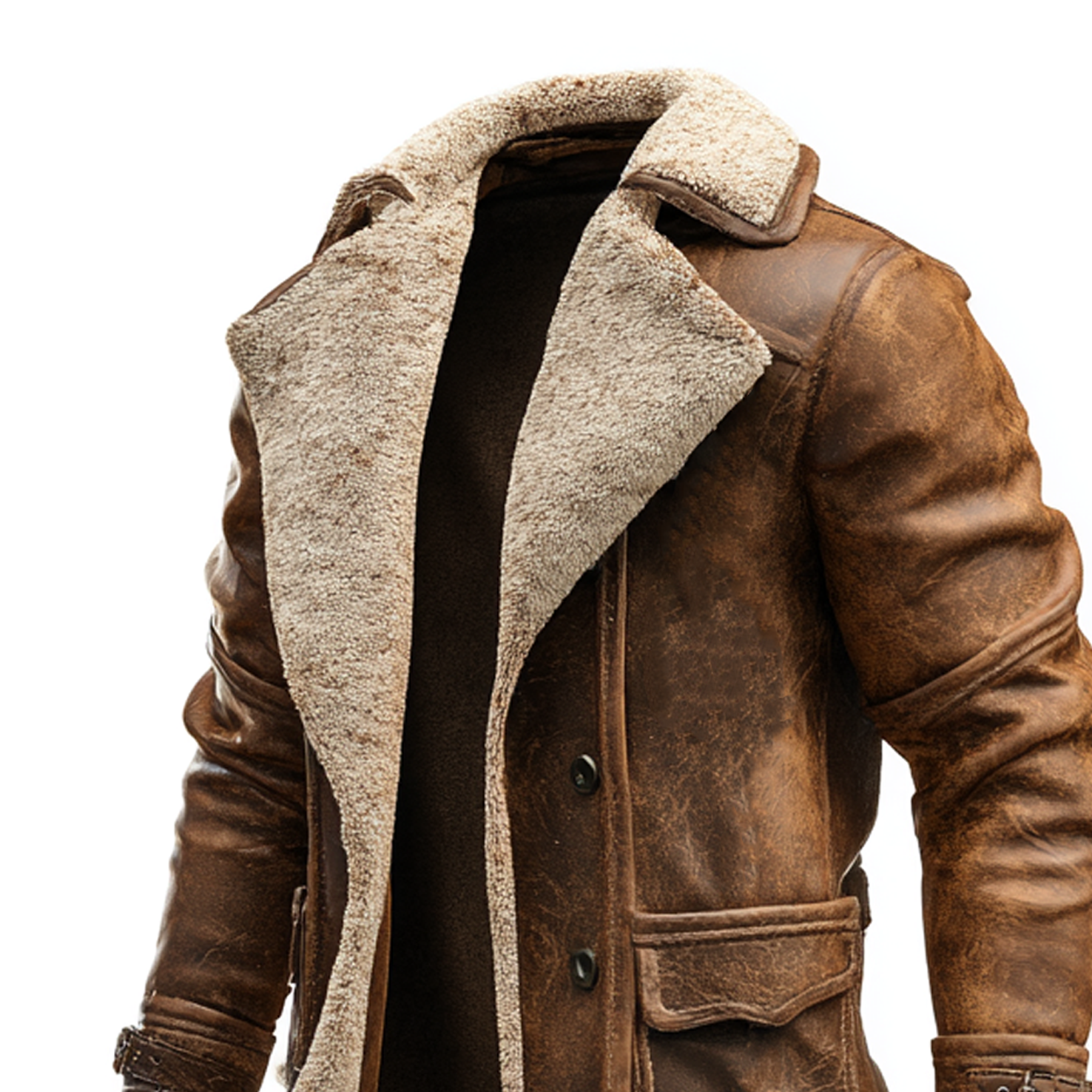 Men's Vintage Brown Leather Coat With Faux Fur Lining