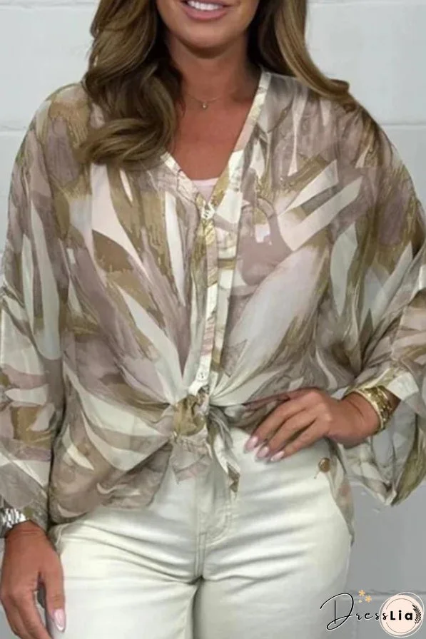 Unique Printed Long Sleeve V-neck Chiffon Loose Shirt