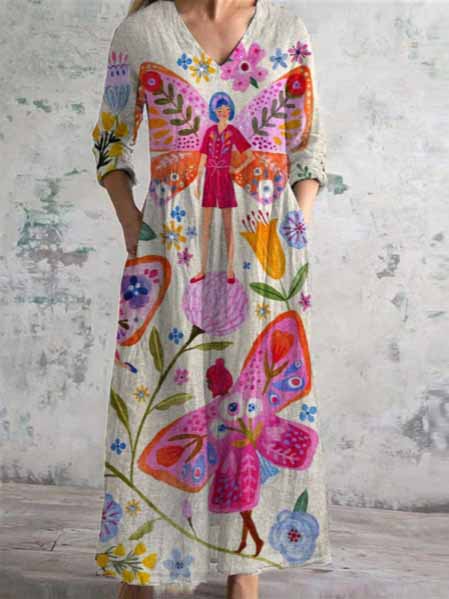 Women's 3/4 Sleeve V-neck Floral Printed Midi Dress