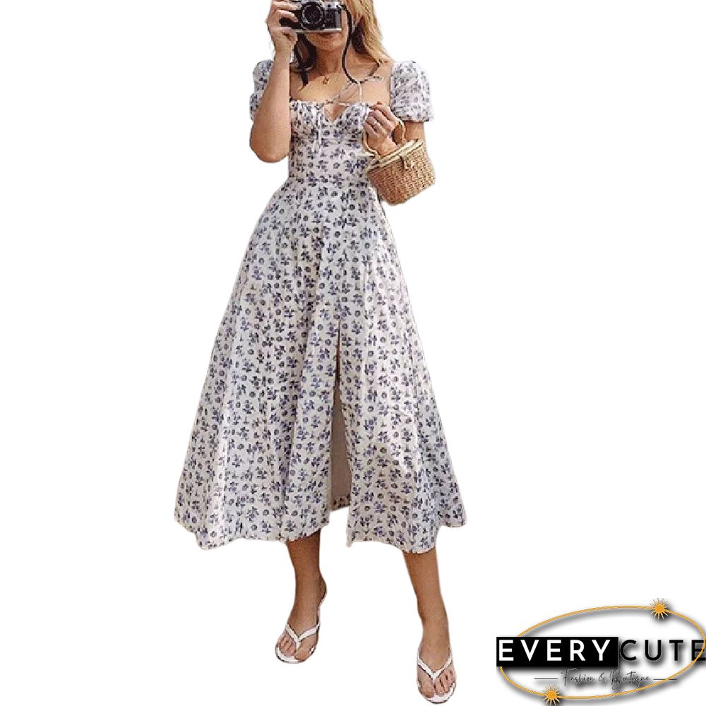 Light Blue Square Neck High Split Floral Dress