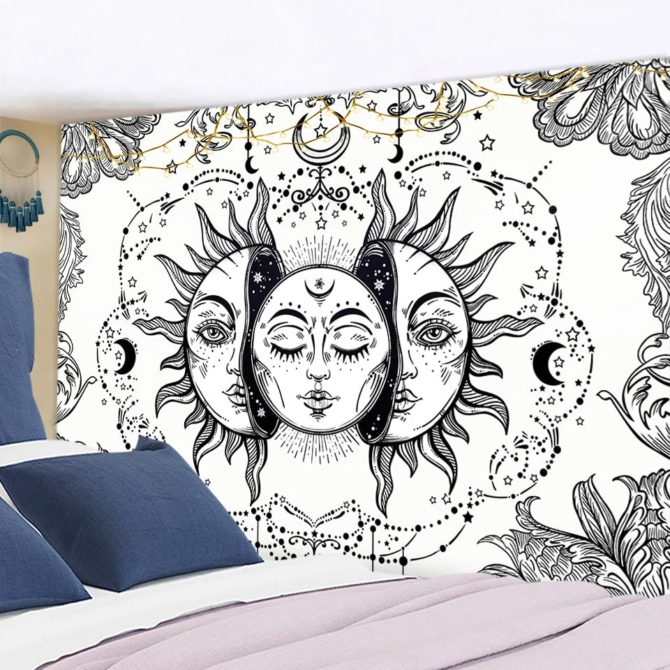 White Black Colorful Sun Moon Mandala Tapestry Wall Hanging Celestial Wall Tapestry Hippie Wall Carpets Dorm Decor Wall Tapestr
