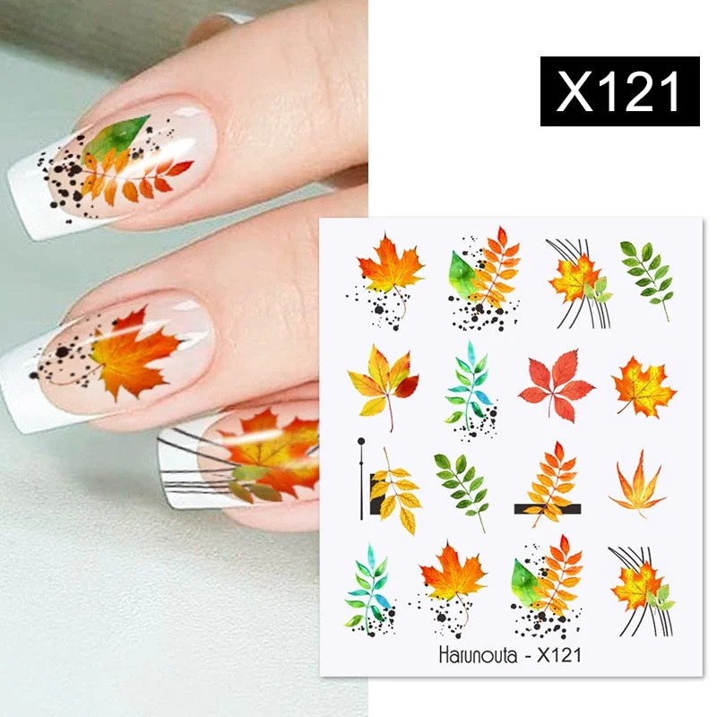 Harunouta Autumn Flowers Leaves Line Patter Nails Sticker Nail Art Decorations Decals Water Transfer Slider Foil Manicures Wraps-Nail Inspo