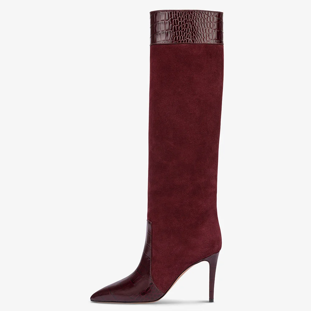 Burgundy Croco Embossed Stiletto Heel Knee High Boots for Women
