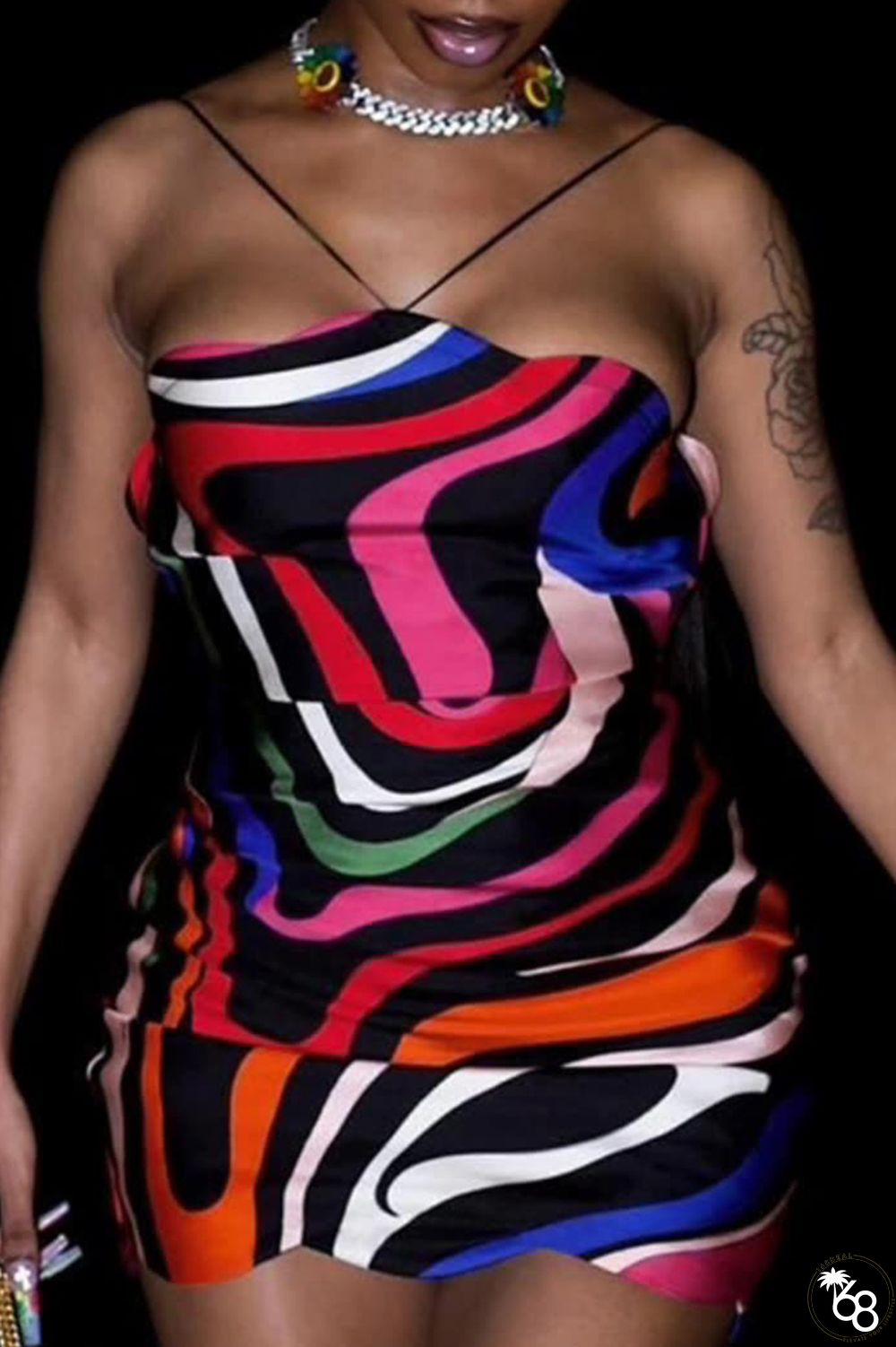 Sexy Print Bandage Patchwork Halter Wrapped Skirt Dresses | 168DEAL