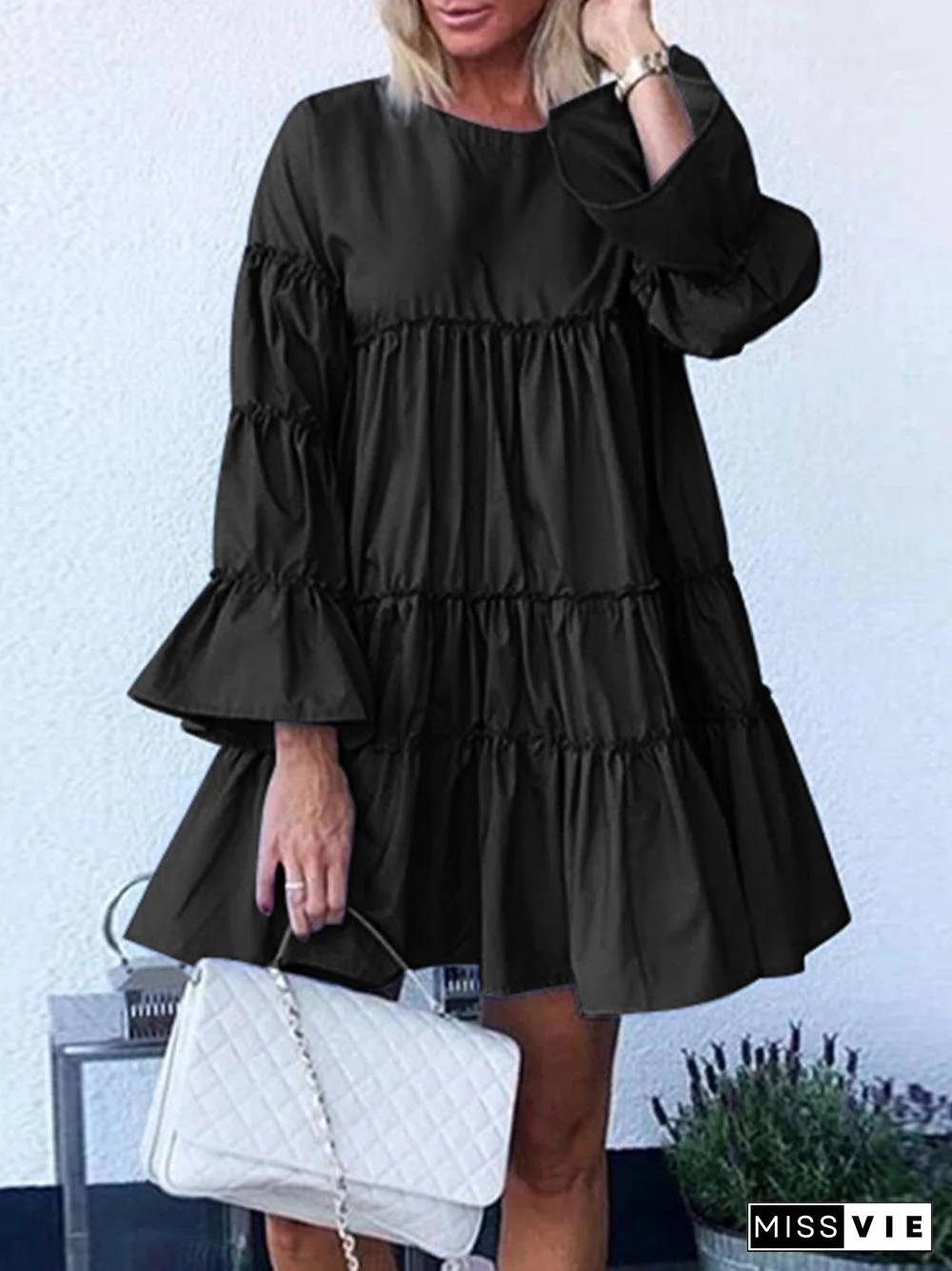 Solid Color O-neck Long Bell Sleeve Casual Layered Dress