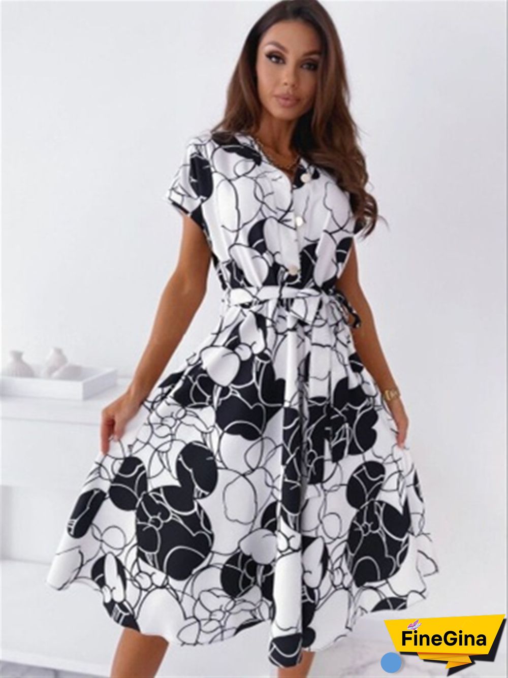 Printed V-neck Short Sleeve Temperament Shirt Dress