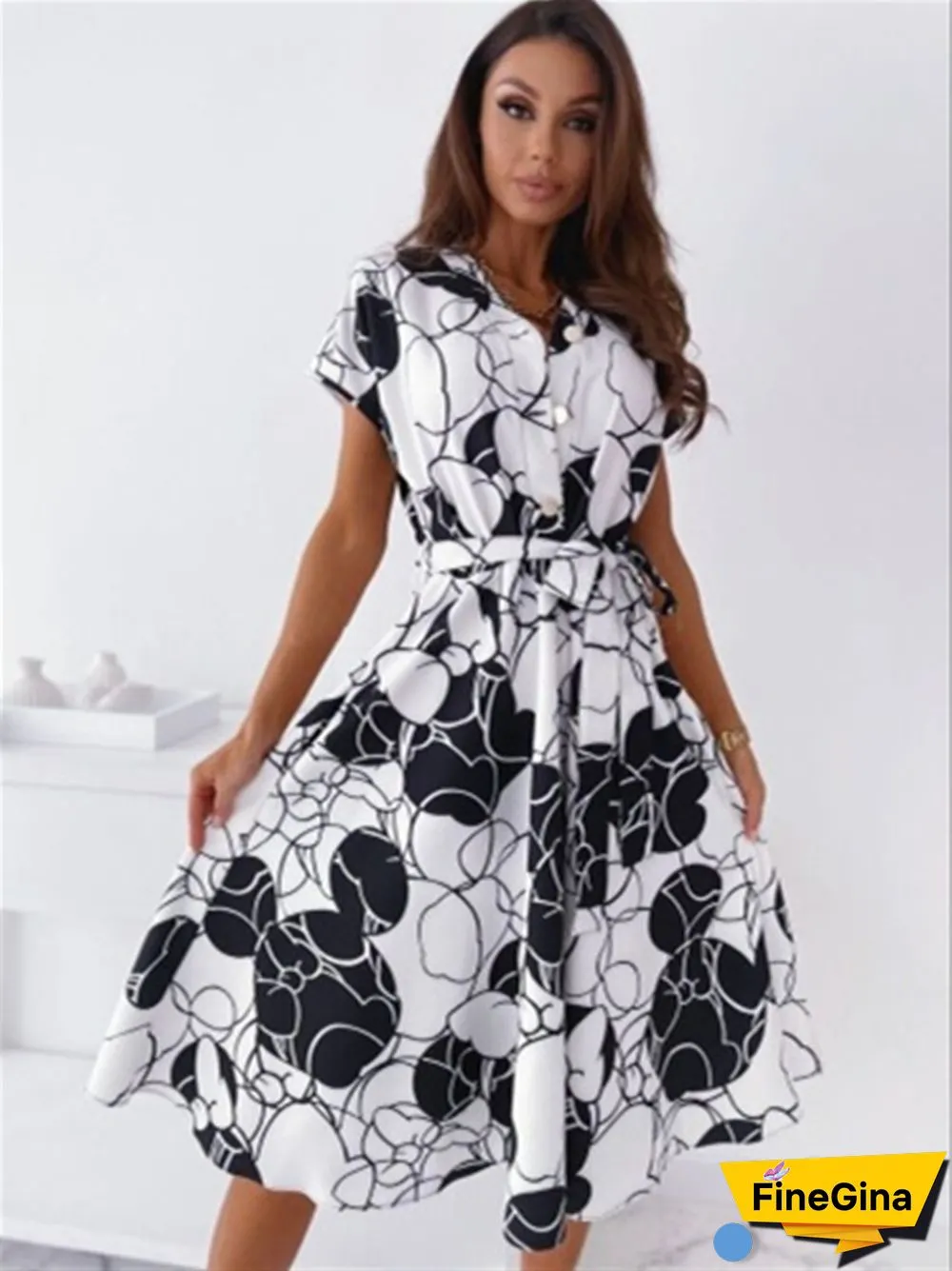 Printed V-neck Short Sleeve Temperament Shirt Dress