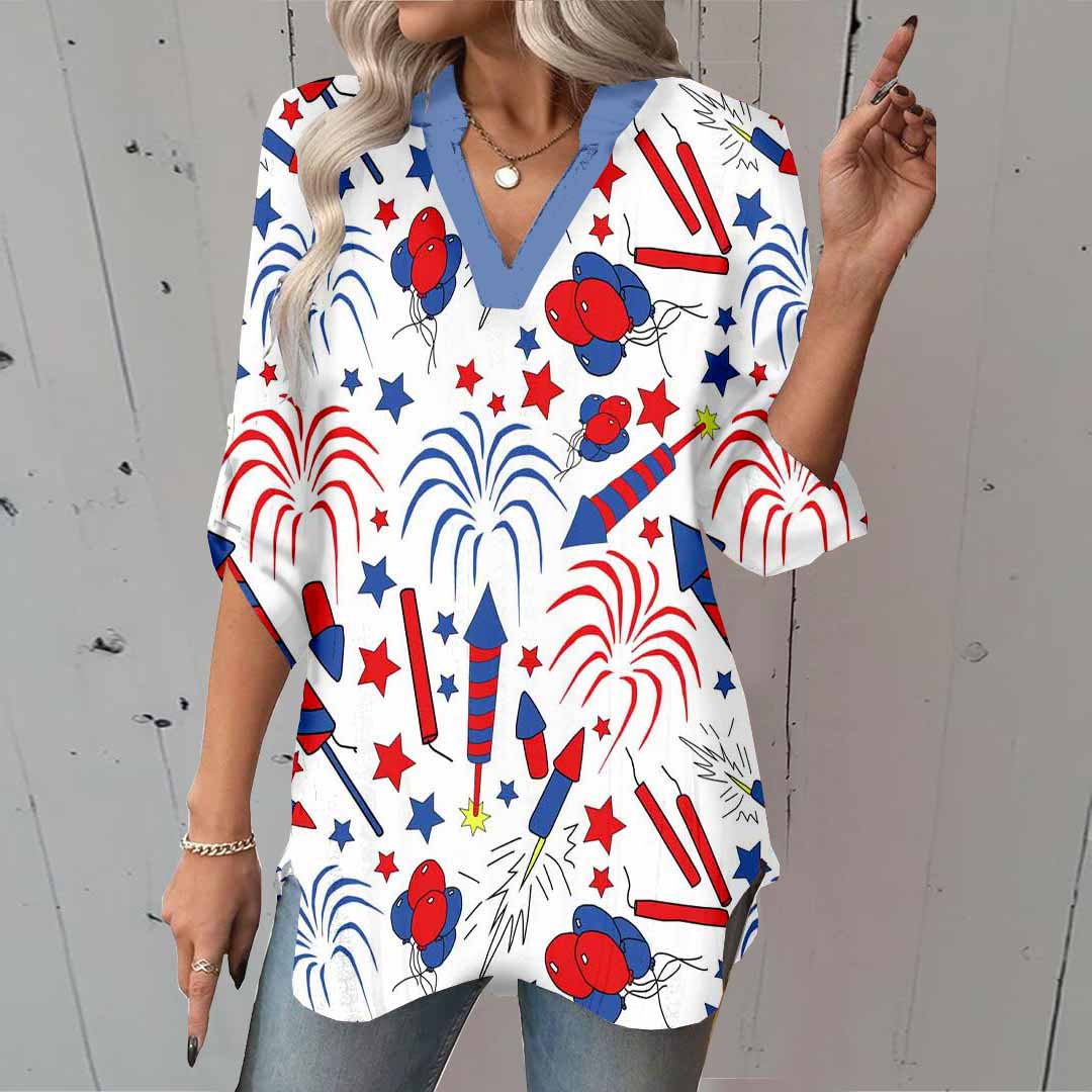 Women  Independence Day, Star, Striped, Blue, Red DZGA0226 3/4 Sleeve V-neck Printed Graphic Button Tops