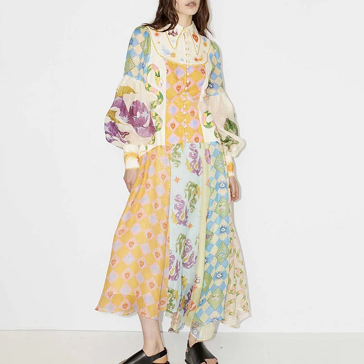 Single Breasted Lapel Collar Printed Balloon Sleeved Long Sleeved Dress