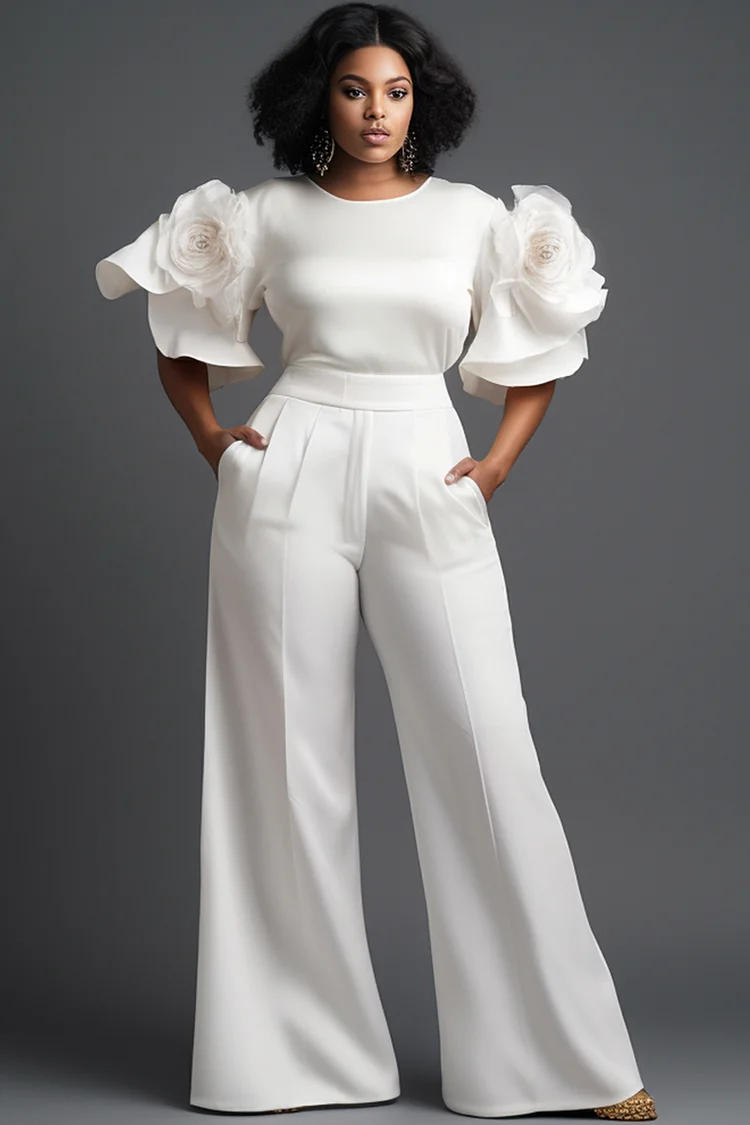 Xpluswear Design Plus Size Business Casual White Casual Round Neck Short Sleeve Pocket Two Piece Pant Suits [Pre-Order] 2024 - Xpluswear