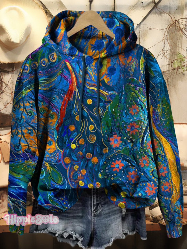Women’s Vintage Folk Floral Art Print Casual Hoodie Sweatshirt Multicolor / S