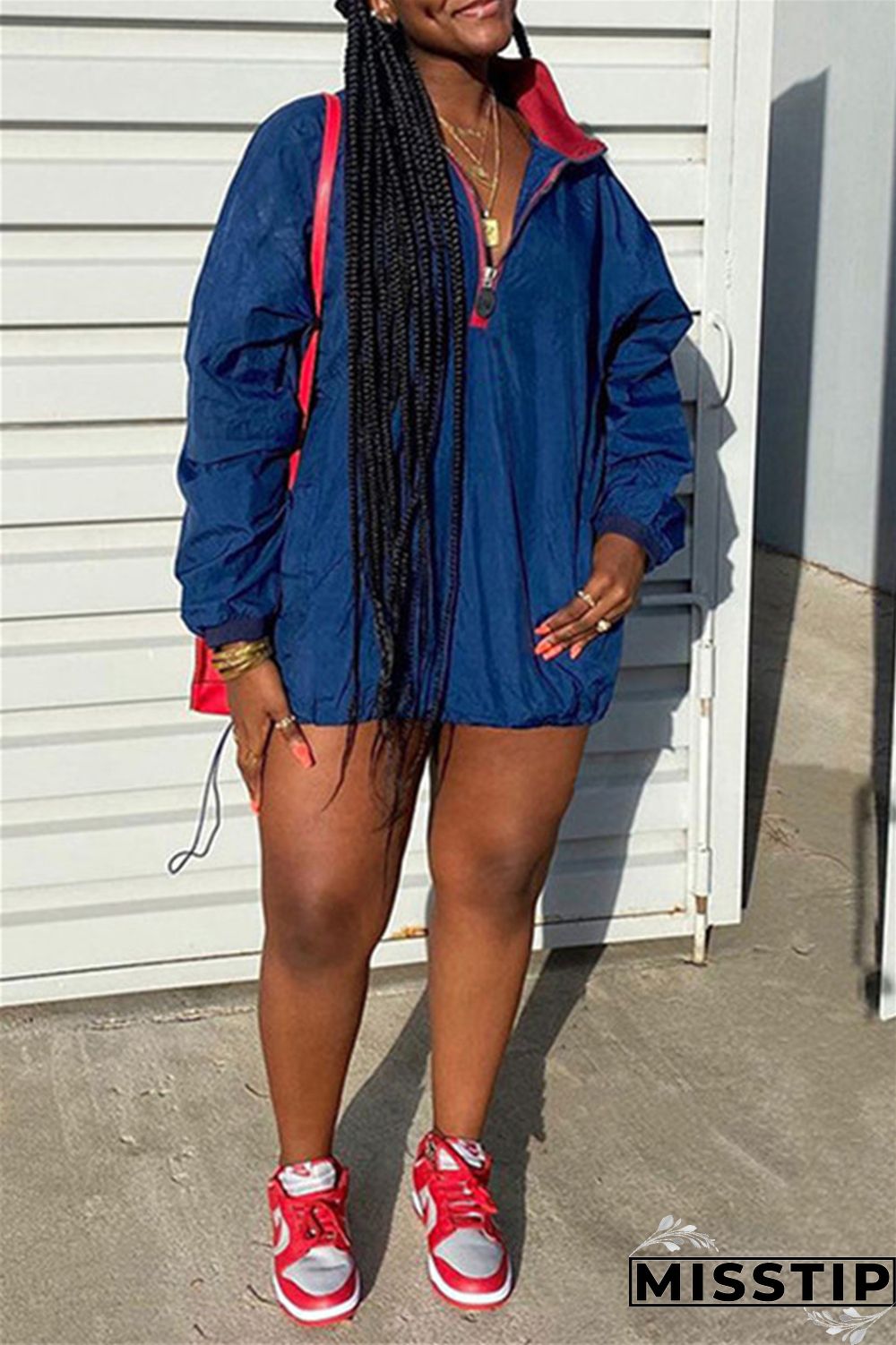 Deep Blue Fashion Casual Solid Patchwork Zipper Collar Long Sleeve Dresses