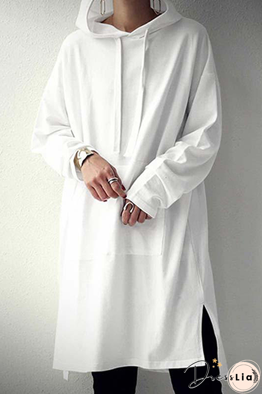 Casual Street Solid Draw String Pocket Slit Hooded Collar Tops