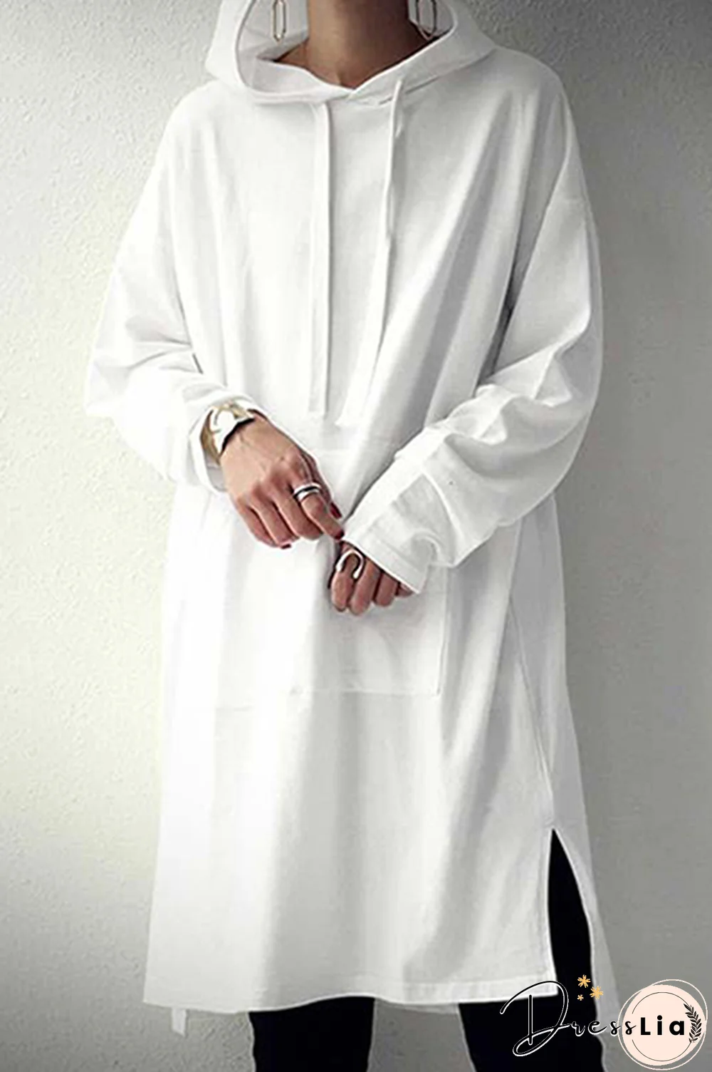 Casual Street Solid Draw String Pocket Slit Hooded Collar Tops