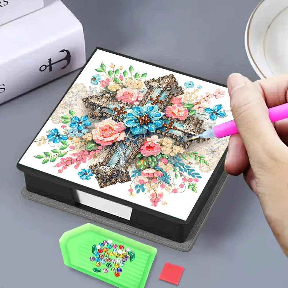 DIY Flower Cross Leather Diamond Art Note Box with 160 Sheets of Paper for Beginners