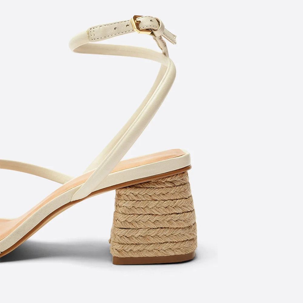 Ivory Block Heel Square Toe Ankle Strap Espadrille Sandals with Buckle