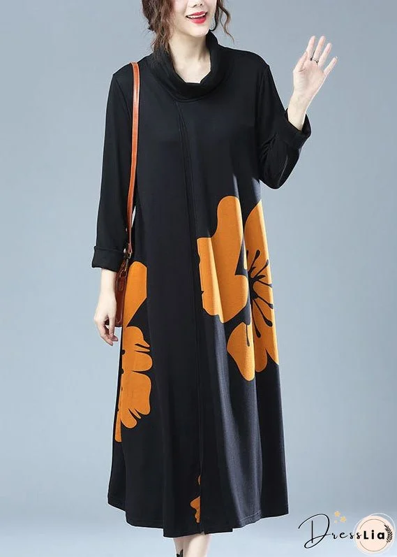 New Yellow Turtleneck Print Patchwork Cotton Long Dresses Fall