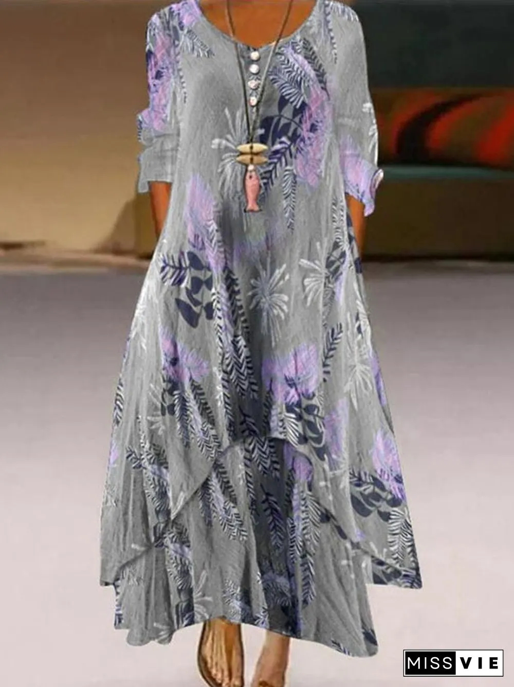 Women Half Sleeve V-neck Floral Printed Maxi Dress
