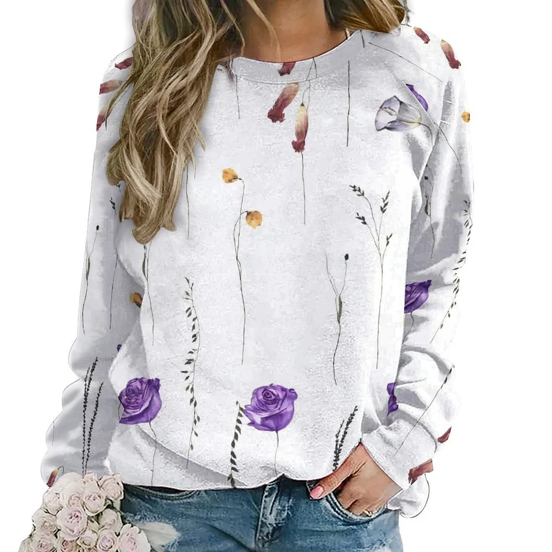 Printed Long Sleeve Casual Sweatshirt for  Women and Men Unisex Pattern Floral, Purple, Rose
