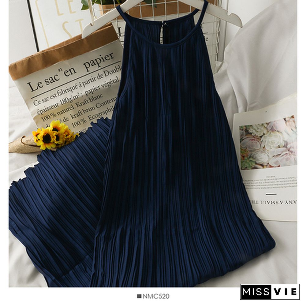 Dress Women Summer Retro Simple Chic Loose Off Shoulder Pleated Dresses Female Midi Sundress Trendy Sleeveless Vestidos Daily