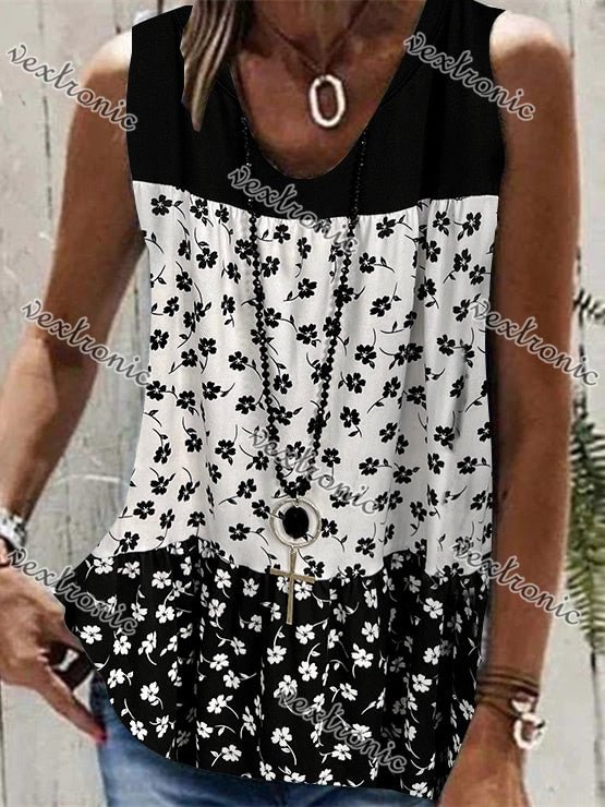 Women Sleeveless V-neck Printed Stitching Tops