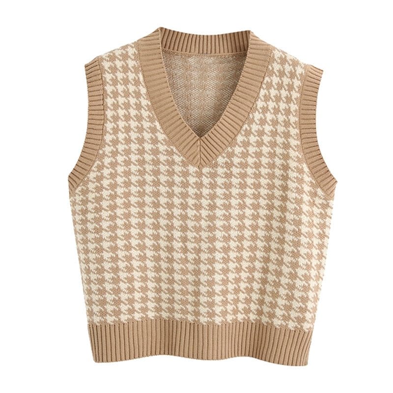 TRAF Women Fashion Houndstooth Loose Knitted Vest Sweater V Neck Sleeveless Side Vents Female Waistcoat Chic Tops