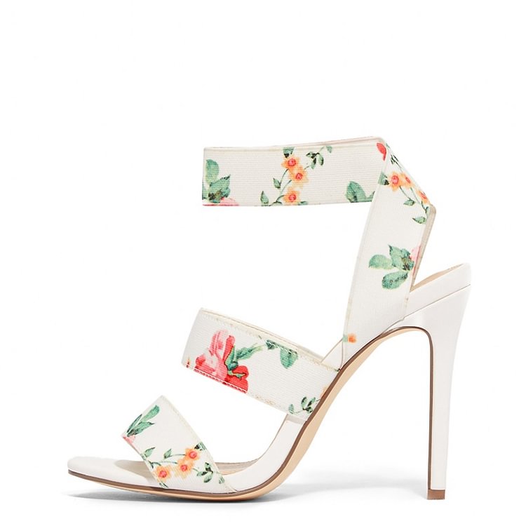 White Floral Heel Stiletto Heel Ankle Strap Sandals |FSJ Shoes