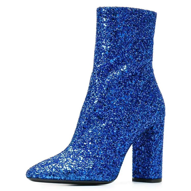 Blue Glitter Boots Chunky Heel Almond Toe Ankle Boots |FSJ Shoes