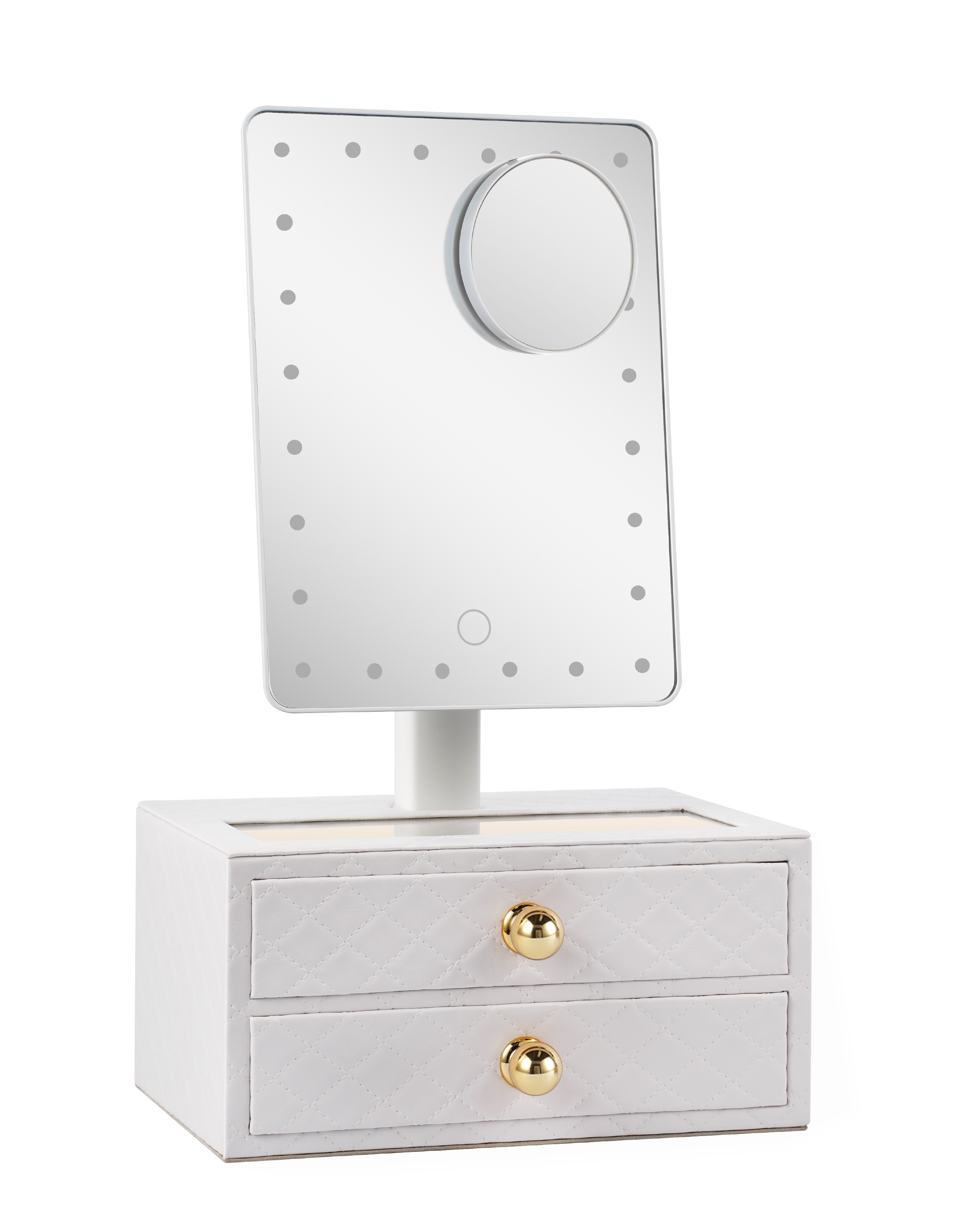 Star Vision 2-in-1 Lighted Makeup Mirror with PU Jewelry Organizer, Dimmable 6,000K Cool White Light, 2-Layer Drawers, PU Surface with Stitching, Includes a 10X Magnification Mirror, White