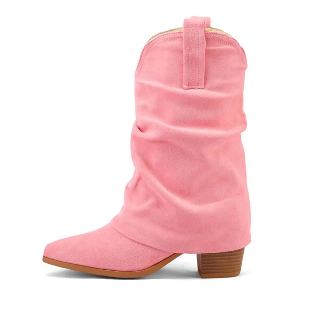 Fold Over Block Heel Snip Toe Pink Mid Calf Western Boots for Women