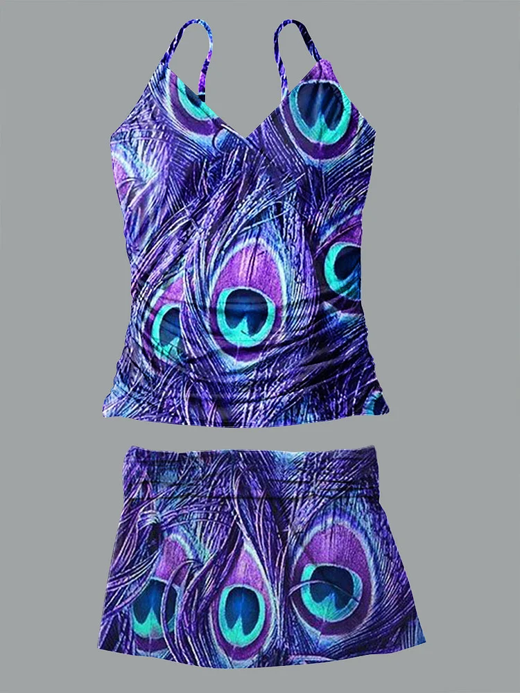 Peacock Feather Art Print Halter Bikini V Neck Set Swimsuit