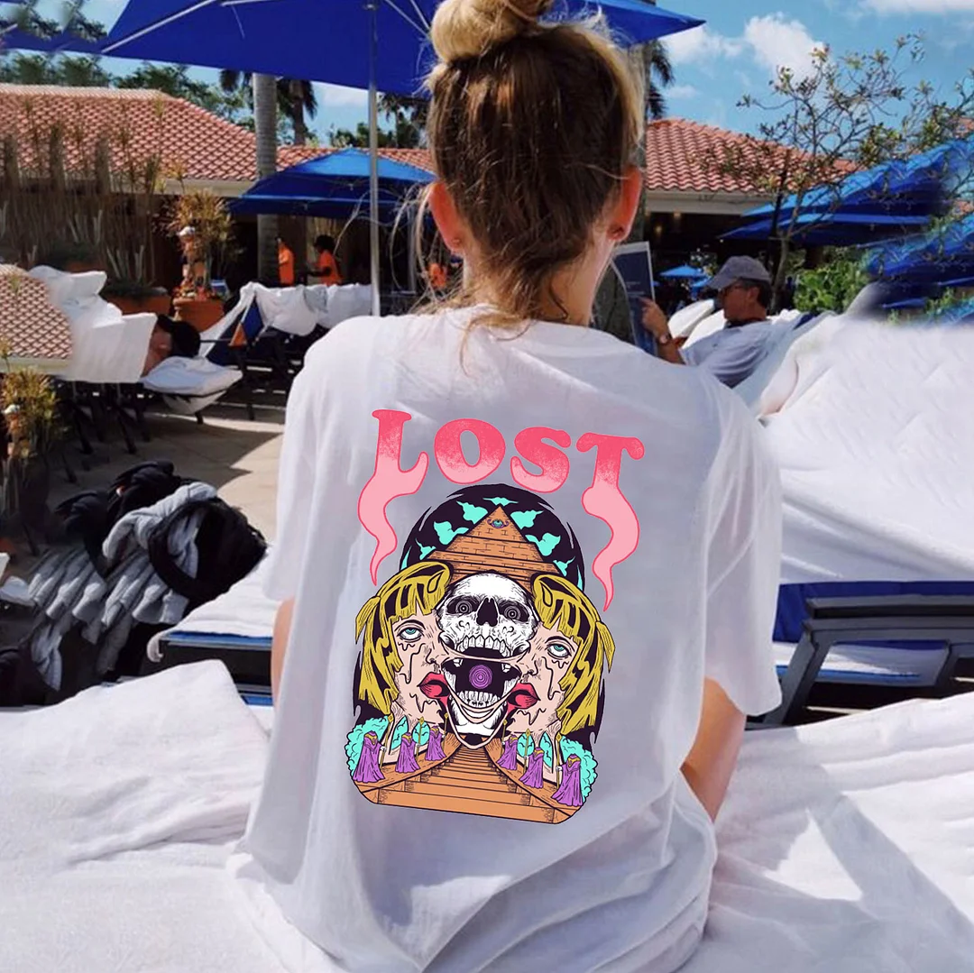 LOST Skull with Broken Witch White Print Loose-fit T-shirt