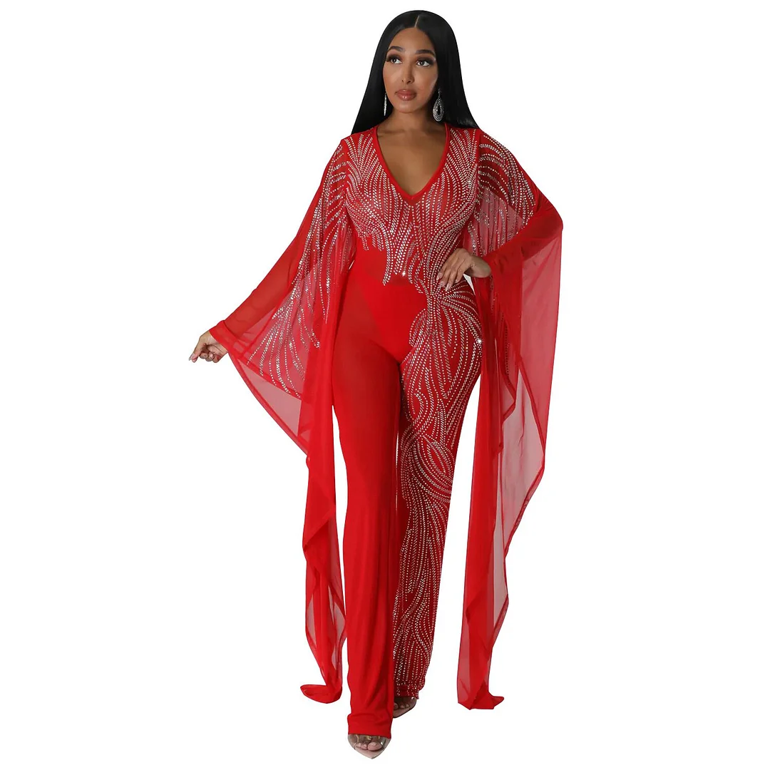 Jumpsuits Full Pant  O-neck Sequins Glitter Office Lady Women Sleeveless Banquet Party Festival Diamonds Rompers