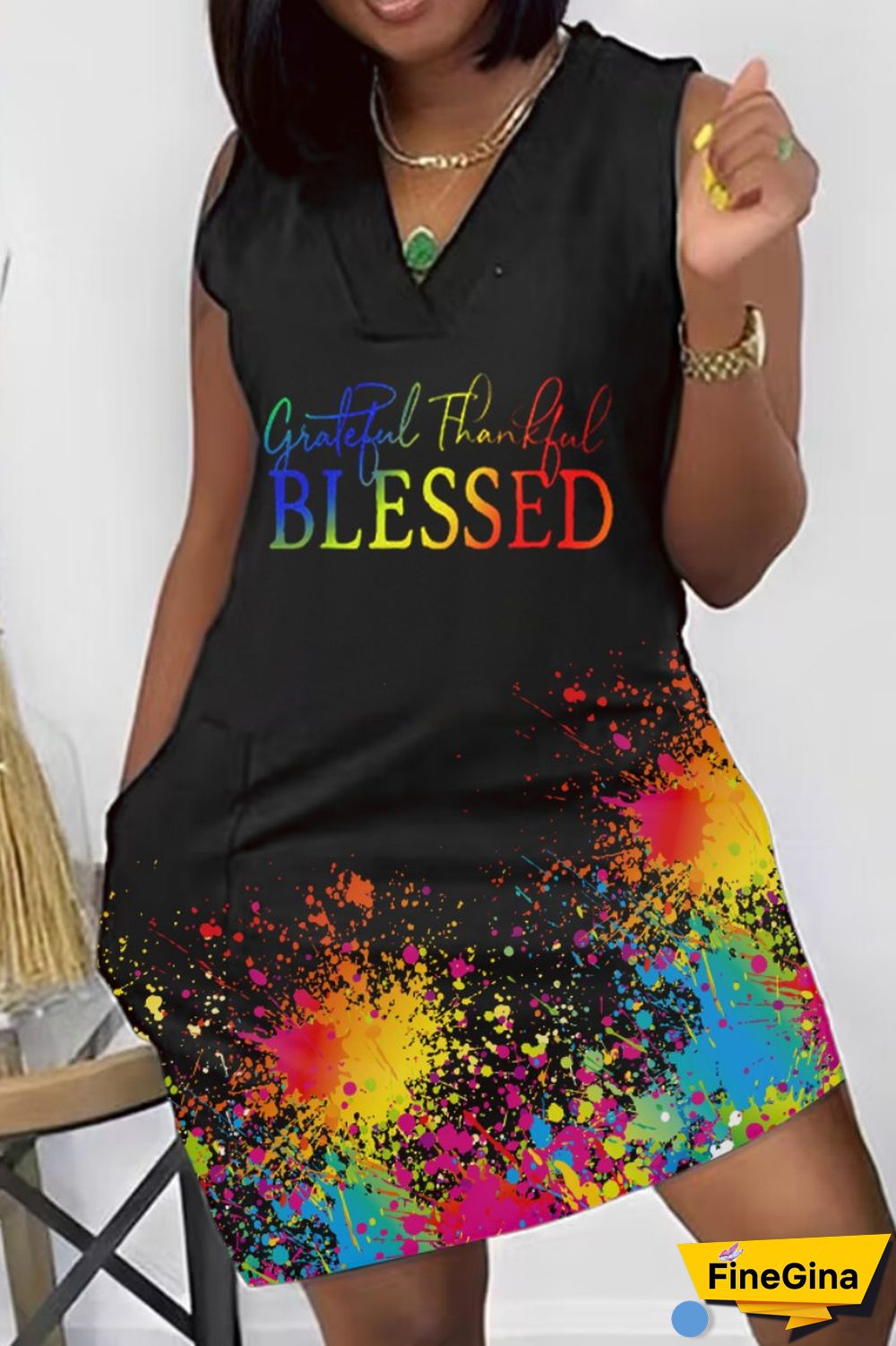 Black Casual Print Basic V Neck Sleeveless Dress Dresses