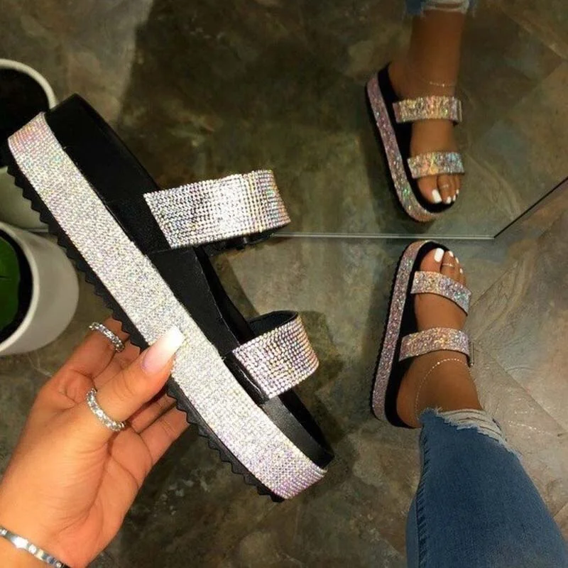 Qengg 2021 Women's Sandals Summer Fashion Women's Shoes Platform Sandals Woman Bling Bling Slides With Shoes Ladies Thick Sole Female