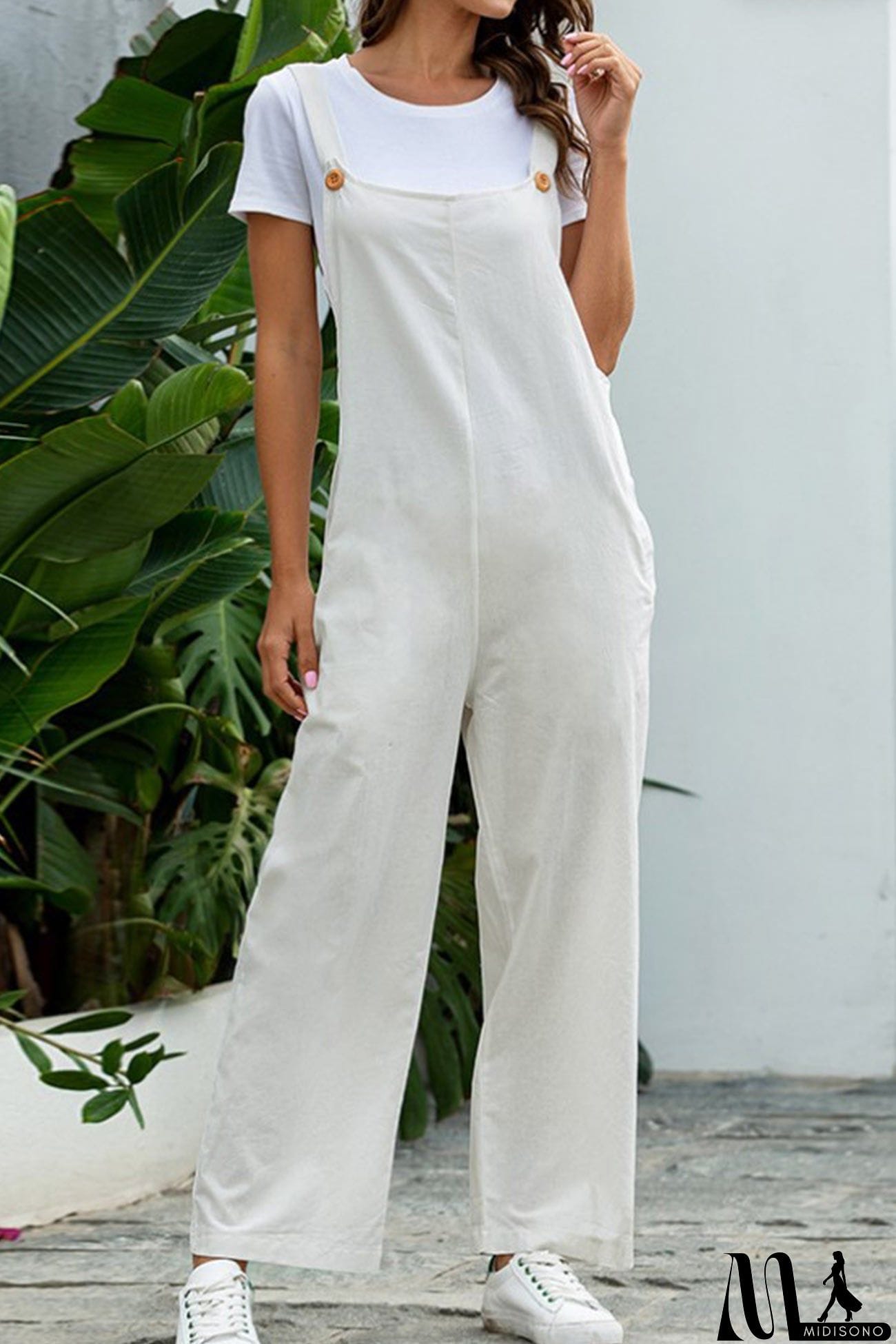 MidiSono - Solid Color Sleeveless Long Pants Jumpsuits