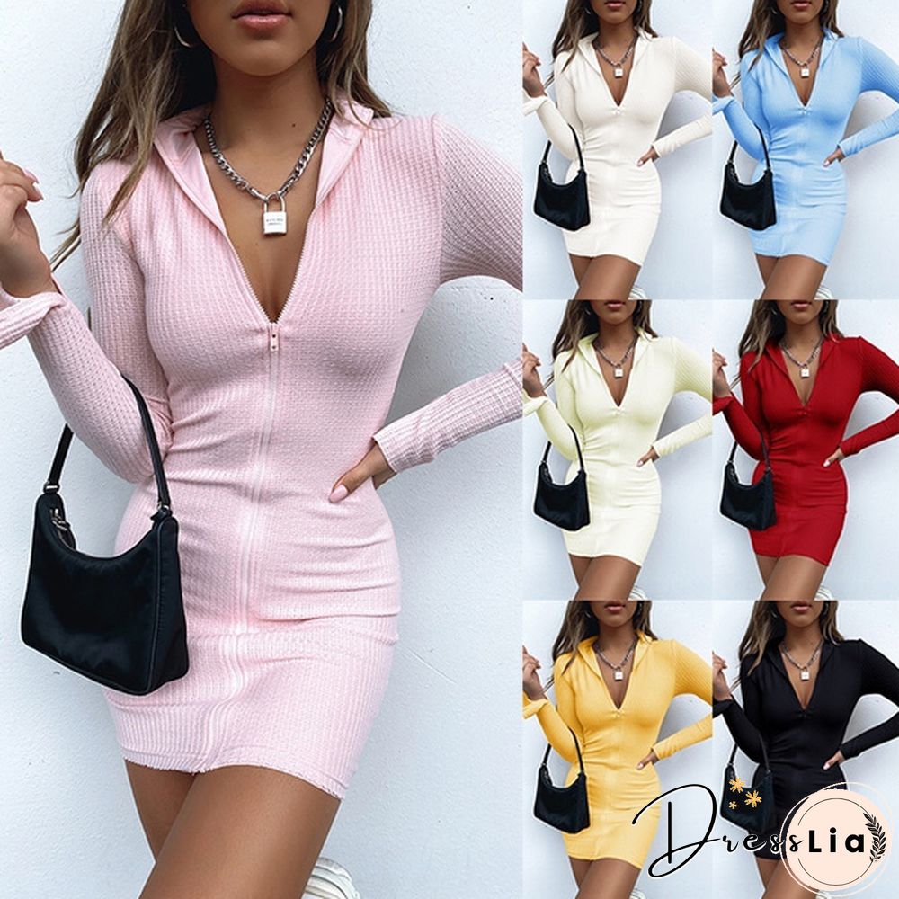 Autumn And Winter Ladies Casual Warm Slim Dress Long Sleeve Bodycon Dress Women Sexy Zipper Night Club Mini Dresses For Women