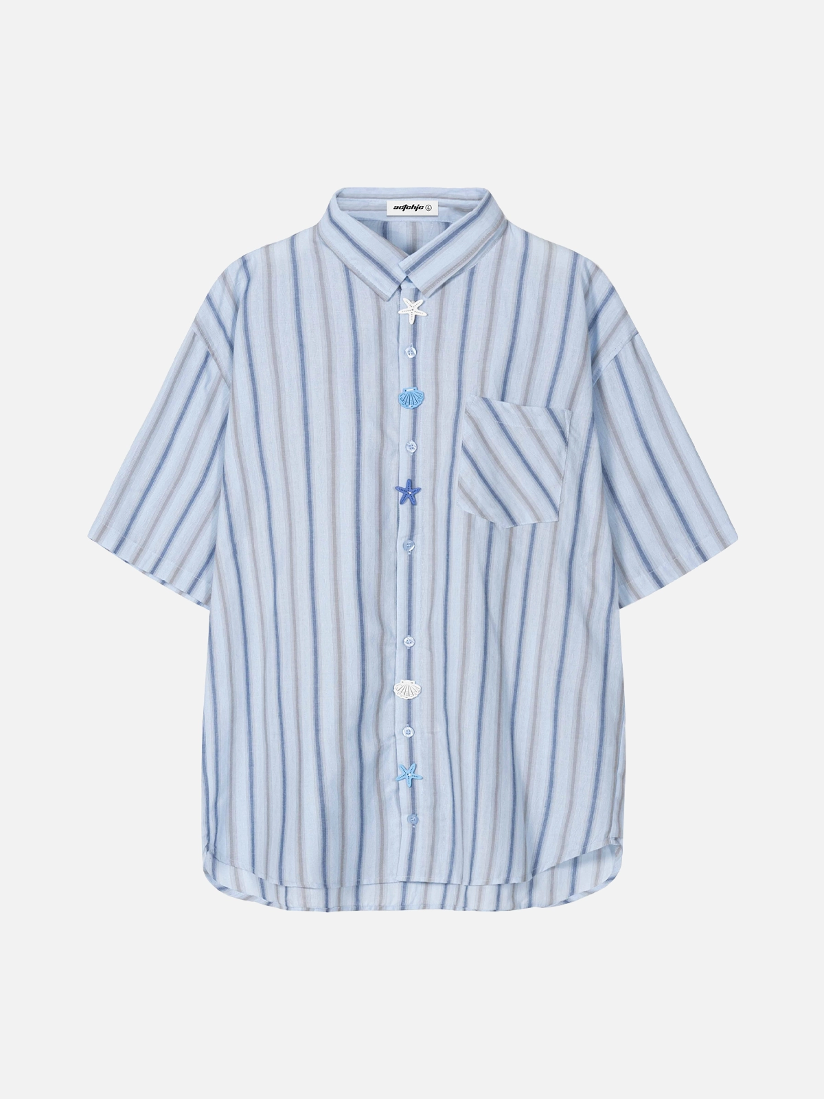 Blue Act Chic Stripe Starfish Button Short Sleeve Shirt Front