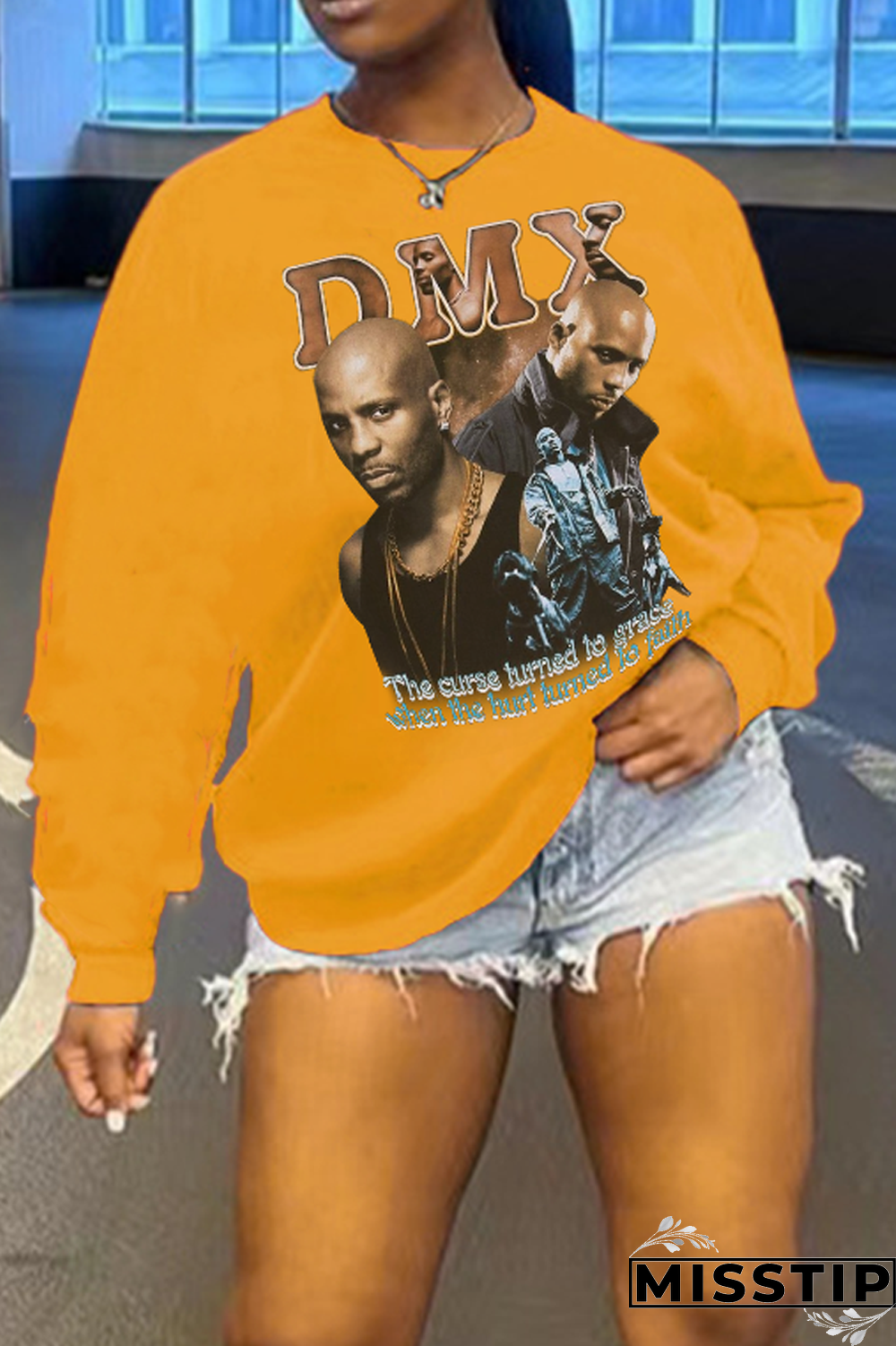 Blue Street Print Patchwork Letter O Neck Tops