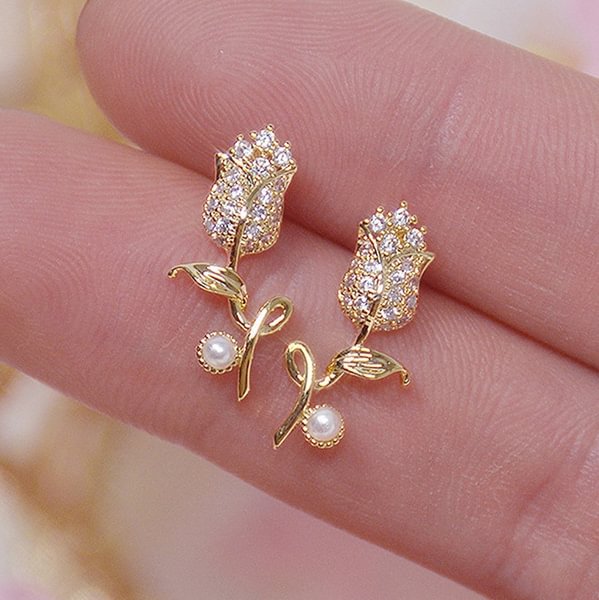18K Gold Rose Flower Women's Diamond Earrings Shiny Zircon Bohemian Stud Earrings Engagement Wedding Jewelry - Shop Trendy Women's Fashion | TeeYours